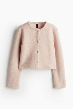 Short cardigan in woven bouclé fabric. Round neckline  metal buttons at front  and long sleeves. Light Dusty Pink, Woven Cardigan, Cute Cardigans, Short Cardigan, Xmas Ideas, Cute Fits, Metal Buttons, Black Cardigan, Dusty Pink