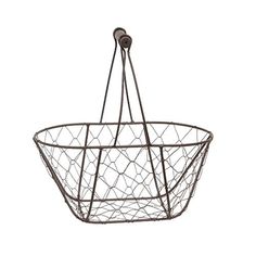 a wire basket hanging from the ceiling with two hooks on each side and one hook in the middle