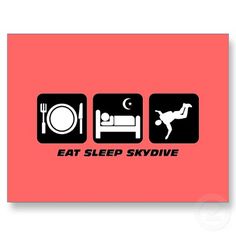 an image of eat sleep skydive sticker on a pink card with black lettering