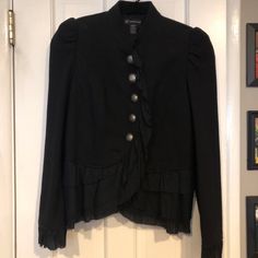 Nwt Inc Black Ruffled Military Short Jacket Sz M 17.5” Armpit To Armpit 21.75” From Top Of Shoulder To Bottom Gothic Fall Outerwear With Buttons, Gothic Black Outerwear With Button Closure, Gothic Long Sleeve Blazer For Winter, Gothic Winter Workwear Outerwear, Fitted Alternative Outerwear For Spring, Fitted Alternative Spring Outerwear, Steampunk Outerwear With Button Closure For Fall, Fitted Alternative Outerwear With Buttons, Black Gothic Outerwear For Spring