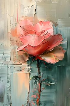 a painting of a pink rose on a green background