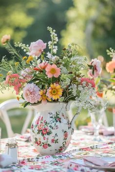 a vase filled with lots of flowers sitting on top of a table covered in plates and napkins