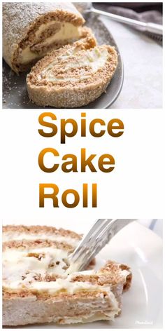 two pictures side by side with the words spice cake roll on top and in between