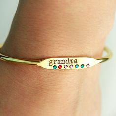 Grandma Bracelet / Nana Bracelet / Name Bracelet / Birthstone | Etsy Birthstone Bangle Bracelets For Gifts, Personalized Bangle For Mother's Day, Gold Bangle With Birthstone For Gift, Gold Bangle With Birthstone As Gift, Mothers Birthstone Bracelet, Nana Bracelet, Grandma Bracelet, Bracelet Name, Initial Charm Bracelet