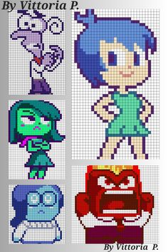 cross stitch pattern with four different cartoon characters in the same color and size, each featuring an individual character