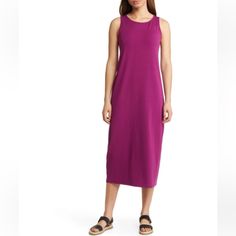 Nwt Eileen Fisher Sleeveless Scoop-Neck Jersey Midi Dress In Raspberry Eileen Fisher Jersey-Knit Midi Dress Approx. 49"L From Shoulders To Hem Scoop Neckline Sleeveless Hem Falls Below The Knee Shift Silhouette Slipover Style Tencel Lyocell/Elastane Machine Wash Cold Imported Style # S37ff-D5056m Scoop Neck Summer Maxi Dress, Summer Scoop Neck Maxi Dress, Summer Maxi Dress With Scoop Neck, Casual Sleeveless Scoop Neck Dress For Spring, Scoop Neck Maxi Dress For Spring, Casual Sleeveless Unlined Maxi Dress, Unlined Sleeveless Dress For Daywear, Purple Sleeveless Dress For Beach, Purple Sleeveless Dress For The Beach