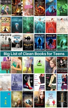 the big list of clean books for teens is shown in this collage with text overlay