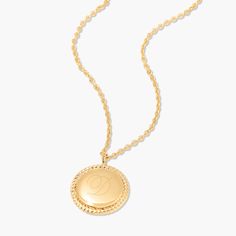 Discover effortless chic with the Mila Pendant. This timeless design features a flat curb chain and engraved pendant, crafted from luxurious materials to create a stunningly simple look. Elevate any outfit and make a lasting impression with this classic statement piece. Dare to be bold and be the envy of all. Available in 14k gold plated brass Pendant size: 5/8" 18" flat curb chain with 2" extender Lobster claw closure Made in the USA With engraving this item is FINAL SALE SKU: BYN1286 Engravable Necklace, Custom Engraved Necklace, Modern Jewellery Design, Engraved Pendant, Classic Gold, Engraved Necklace, Brass Pendant, Metal Pendant, Effortless Chic