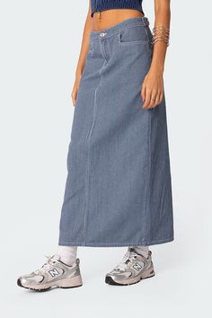 Maxi skirt Back slit Striped denim fabric 100% Cotton Model wears size S Model height is 5'7 Item care: Wash with similar color Split Maxi Skirt, Striped Denim, Polo Shirt Design, Denim Maxi, Swimwear Dress, Denim Maxi Skirt, Wide Jeans, Denim Top, Modest Outfits