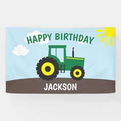 a green tractor birthday banner with the words happy birthday and an image of a yellow tractor