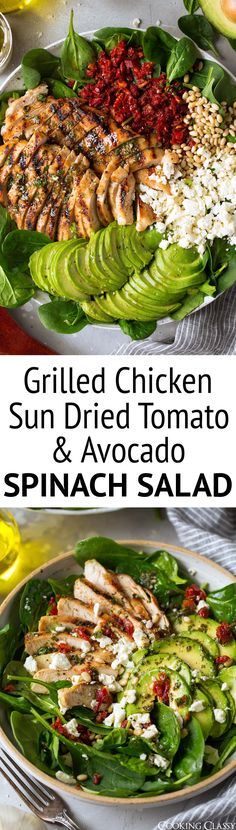 grilled chicken, sun dried tomato and avocado spinach salad on a plate