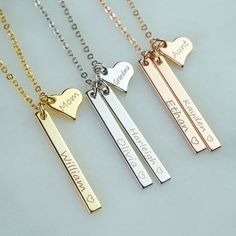 "Personalized bar necklace, Custom name bar necklace, Personalized family necklace A hand stamped bar necklace would make a perfect gift for yourself or your loved ones. This beautiful necklace is the perfect layering necklace or beautiful on its own. ITEM SPECIFICATION: Chain Length: 17\" + 1\" extender Bar Size: 33 mm x 3.5 mm Material: Gold Plated, Silver Plated, Rose Gold Plated HOW TO ORDER: 1 Select options from the drop down menu 2 Add to cart and proceed to checkout 3 Submit your persona Personalized Bar Necklace, Grandma Necklace, Mom Ring, Bar Necklace Personalized, Family Necklace, Jewelry Quotes, Kids Names, Mothers Necklace, Necklace Ideas