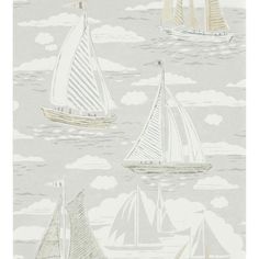 three sailboats in the ocean with clouds and blue sky behind them on a gray background