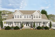 this is an artist's rendering of a house in the country side with white trim