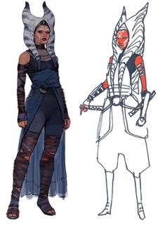 an image of a woman in costume next to a drawing of the character from star wars