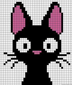 a cross stitch black cat with pink ears