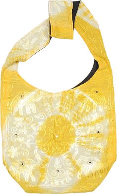 An uber-cool choice of a bohemian shoulder bag in a lively lemon yellow color that is perfect for carrying things around. White tie and dye effect at the center of the handbag looks chic and hip. Beautiful thread embroidery on the bag with mirror work to give a hippie look. Elephant motifs and floral designs are used for the self-colored embroidery. This bag is fully lined with black fabric on the inside and the shoulder straps are broad for ease and comfort to carry. There is one pocket on the Yellow Bohemian Rectangular Bag, Yellow Rectangular Bohemian Bag, Yellow Bohemian Rectangular Shoulder Bag, Bohemian Yellow Rectangular Shoulder Bag, Yellow Embroidered Tote Bag, Yellow Canvas Shoulder Bag For Summer, Yellow Crochet Shoulder Bag For Summer, Yellow Bohemian Daily Use Bags, Yellow Bohemian Festival Bags