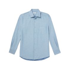 Loro Piana's 'André' shirt has been crafted in Italy from cotton-twill blended with a touch of cashmere, so it feels really soft against the skin. The collar is cut wide, ideal for wearing open. Luxury Cotton Long Sleeve Dress Shirt, Luxury Long Sleeve Cotton Shirt, Luxury Long Sleeve Cotton Dress Shirt, Blue Long Sleeve Tops With Welt Pockets, Luxury Cotton Shirt With Button Cuffs, Blue Cotton Top With Concealed Placket, Luxury Long Sleeve Blue Shirt, Luxury Blue Long Sleeve Shirt, Luxury Cotton Shirt With Concealed Placket