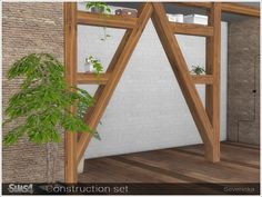 the interior of a house with wooden beams and brick walls, plants in pots on shelves