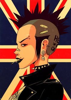 an image of a person with punk hair and piercings in front of a british flag