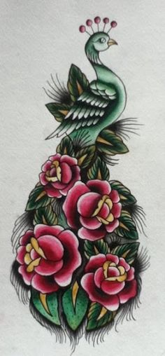 a drawing of a peacock sitting on top of flowers