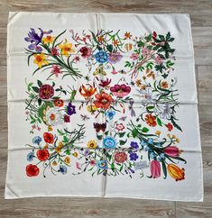 Authentic GUCCI " FLORA" silk scarf signed Accornero  MADE IN: ITALY MATERIAL: 100% Silk COLOR: Multicolor  CONDITION: Excellent , like new SIZE: 90 cm ( 34") 🧣 hand roll hem Gucci Multicolor Silk Scarf, Luxury Gucci Silk Scarf, Luxury Designer Gucci Scarves, Gucci Print Pattern Scarfs, Designer Gucci Silk Scarves, Luxury Gucci Silk Scarves, Gucci Silk Scarf, Scarf Gucci, Gucci Flora