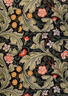 an intricately designed wallpaper with flowers and leaves in green, red, yellow and blue colors