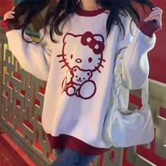 Oversized Fit Super Cute And Comfy Hello Kitty Outfit, Sanrio Clothes, Stile Hijab, Kitty Clothes, Hello Kitty Clothes, Hello Kitty Aesthetic, Áo Len Cardigan, Trendy Sweaters, Hello Kitty Items