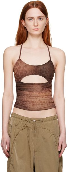 Semi-sheer stretch nylon mesh camisole. Printed graphic pattern and ruching throughout. · Scoop neck · Cutout at front and back · Adjustable criss-crossing spaghetti shoulder straps · Logo hardware and flip-clasp fastening at back · Concealed zip closure at back · Full mesh lining Supplier color: Brown Graphic Patterns, Cami Tanks, Typewriter, Apparel Accessories, Scoop Neck, Spaghetti, Women Wear, Vogue, Womens Tops