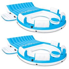 two inflatable boats are shown side by side, one is blue and the other is white