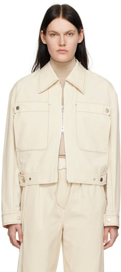 Relaxed-fit paneled cotton canvas jacket. Polyester ripstop trim throughout. · Pointed collar · Two-way zip closure · Patch pockets · Adjustable press-stud tabs at partially elasticized hem · Single-button barrel cuffs · Unlined · Contrast stitching in brown Supplier color: Parchment Pull And Bear Jacket, Celine Fashion, Boxy Jacket, Jacket Outfit Women, Coat Trends, Textured Jacket, Canvas Jacket, Basic Jackets, Unisex Jacket