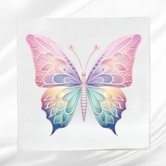 a colorful butterfly is shown on a white background with the image in full color and it's wings are spread out