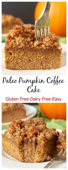 two plates with slices of pumpkin coffee cake on them and the title text reads pale pumpkin coffee cake gluten free dairy - free easy