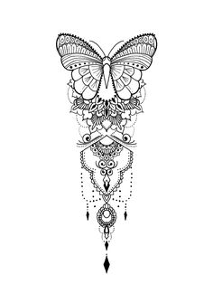 a black and white drawing of a butterfly with intricate designs on it's wings