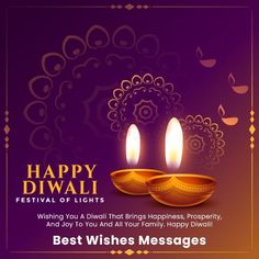 happy diwali greeting card with two lit candles on purple and gold background for best wishes messages