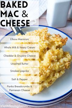 Baked mac and cheese on a white plate with main ingredients listed on the side.