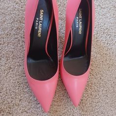 Saint Laurent Women's Coral Pink Leather Tripon Paris Pump 375366 6618 Made Of Leather; Leather Sole; Leather Lining; Toe Style: Pointed; Heel Type: Stiletto; Measurements: Heel: 4.25; Width: Medium (B, M); Original Ysl Saint Laurent Box, Tags, And Authenticity Card Included; Made In Italy Chic Pink Closed Toe Court Shoes, Pink Closed Toe Heels For Work, Pink Formal Court Shoes Medium Width, Pink Medium Width Court Shoes For Formal Occasions, Pink Round Toe Court Shoes For Work, Pink Pointed Toe Court Shoes For Work, Pink Padded Heel Court Shoes For Office, Pink Chic Court Shoes For Work, Luxury Pink Heels For Office