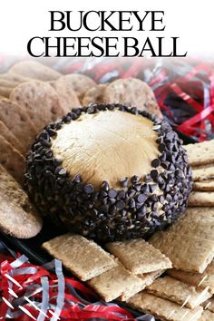 a cheese ball surrounded by crackers on a red and white table cloth with text overlay