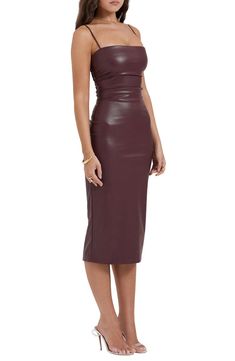 Maroon Leather Dress, Brown Velvet Dress, Leather Dress Outfit, Lace Back Dress, Brown Leather Dress, Body Con Dress Outfit, Lace Back Dresses, Leather Midi Dress, Dressy Dresses