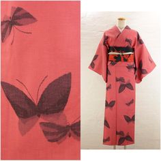 Washable, Vintage Kimono, Pink, Butterfly Pattern Wool A: Take(length) 156cm B: Yuki (center to sleeve) 62cm C: Sode Take(Sleeve length ) 45cm D: Width 134cm Please note: Kimono Item only Obi or other accessories are not included. Condition: C (has marks&damage on the sleeve) A: Good as brand new. B: The second hand might have some small marks or damages but is still in quite good condition. C: There are some marks or damages, but it is in good condition. D: Has many marks or damages. Sometimes Traditional Japanese Kimono, Kimono Vintage, Traditional Kimono, Vintage Japan, Vintage Kimono, Butterfly Pattern, Japanese Kimono, Pink Butterfly, Vintage Roses