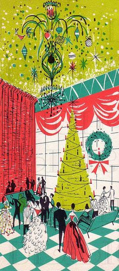 an illustration of a christmas tree in a room with red curtains and people around it