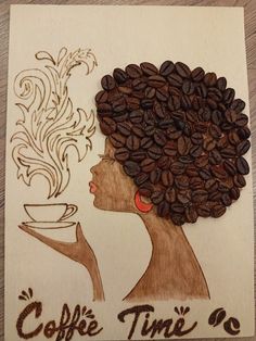 a drawing of a woman's head with coffee beans in her hair and the words coffee time on it