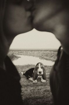 a dog laying on the ground next to a person kissing it's face with his mouth open