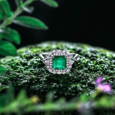 an emerald and diamond ring sitting on top of moss