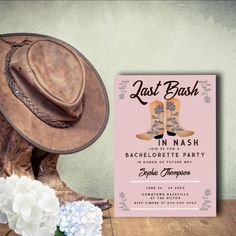 A rustic, modern, elegant and chic bachelorette weekend invitation with a "Last Bash in Nash" theme. It features a pair of cowgirl boots with a rose detail covered in rhinestones (this is a digital effect), and typography in white. A chic design for a bride who loves Nashville! Boots And Hearts, Chic Bachelorette, Bachelorette Weekend Invitations, Pink Bachelorette, Bachelorette Invitation, Bachelorette Invitations, Roses Pink, Bachelorette Party Invitations, Rosé Details