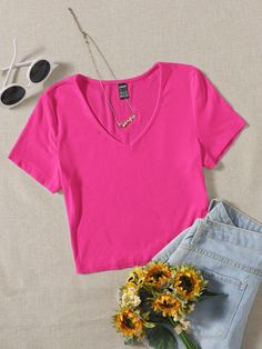 Pink Casual Collar Manga Curta Tecido de malha Simples  Embellished Elasticidade Baixa Verão Spring V-neck Knit T-shirt, Spring Knit V-neck T-shirt, Ribbed V-neck T-shirt For Summer, Pink Knit V-neck Top, Pink Cotton V-neck Knit Top, Casual Ribbed V-neck Top, Basic Knit Tops For Spring, Stretch Knit V-neck T-shirt, Knit Stretch V-neck T-shirt