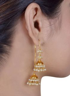 925 Silver Gold Plating Threader Double Jhumka Earrings, Silver Chain Threader With Tiny 2 Jhumki Pearl Hanging, Screw Open Hanging Earrings - Etsy Canada Gold Jhumkas For Eid, Gold Bollywood Style Jhumkas, Temple Jewelry Style Jhumkas With Latkans, Eid Jhumkas With Tilla, Festive Celebration Pearl Earrings, Gold Temple Jewelry Danglers, Pearl Chandbali Earrings With Tilla, Gold Jhumkas With Dangling Beads For Festivals, Gold Jhumkas With Dangling Beads For Celebration