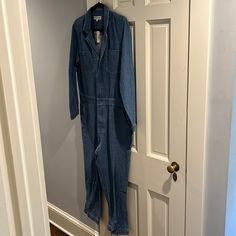 Nwt* Sz Large** Denim** 71 Cotton//29% Linen Light Wash Denim Workwear Overalls, Light Wash Denim Overalls For Work, Fitted Dark Wash Utility Overalls, Fitted Utility Denim Blue Overalls, Fitted Denim Blue Utility Overalls, Workwear Denim Overalls In Medium Wash, Medium Wash Denim Overalls For Workwear, Denim Overalls For Work In Medium Wash, Workwear Medium Wash Cotton Jumpsuit