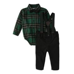 The Children's Place Baby Boys Green Plaid Top and Woven Bottoms creates an adorable outfit, ideal for every occasion. The long sleeve green plaid top has snap closures at bottom for easy-changing, classically styled with a pointed collar and buttoned front, and button sleeve cuffs. The woven bottoms have an elasticized back waist and leg openings, belt loops, and pull-on elasticized waistband with functional button and faux fly. A key detail is the removeable suspenders to elevate the look. Thi Shirt And Pants Outfit, Family Plaid, Bow Tie Pants, Suspenders Outfit, Boys Plaid Shirt, Kids Winter Outfits, Kids Winter Fashion, Christmas Pics, Boys Plaid