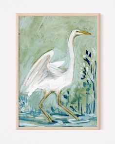 a painting of a white egret wading in the water